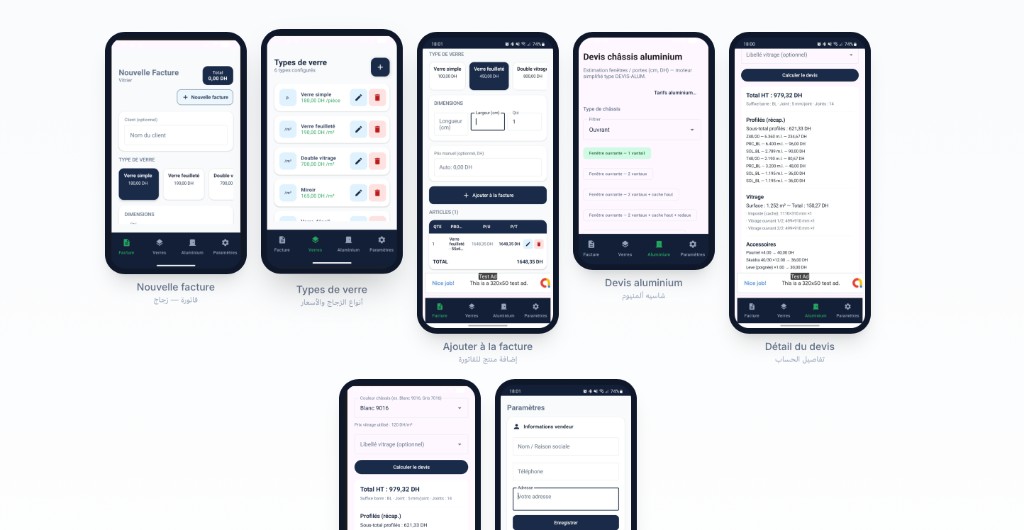 Hsabliya app screens preview (invoice, glass types, add to invoice, aluminum, quote details, settings)